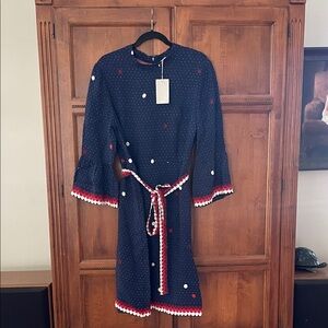 Boden Navy Polka Dot Dress with Red Accents, new with tags, sz16 (UK20)